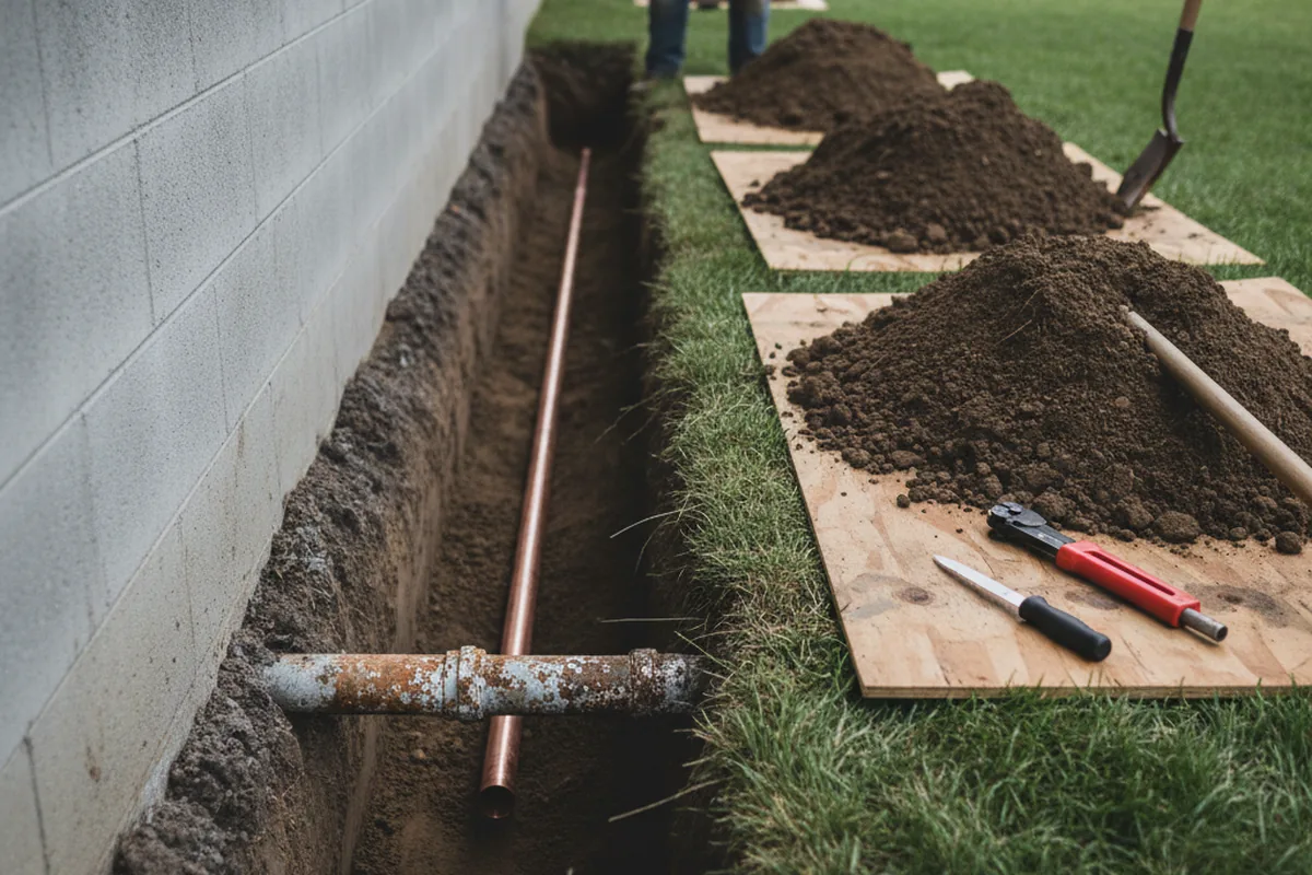 Excavated water line trench during Sewer Line Repair in Travelers Rest
